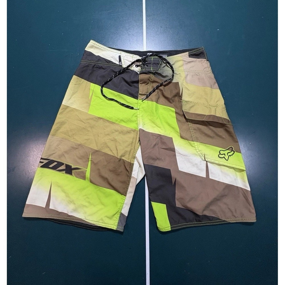 Fox Racing Bruce Irons Board Shorts Men's 34 Baggy Brown Green Swim Trunks Y2K